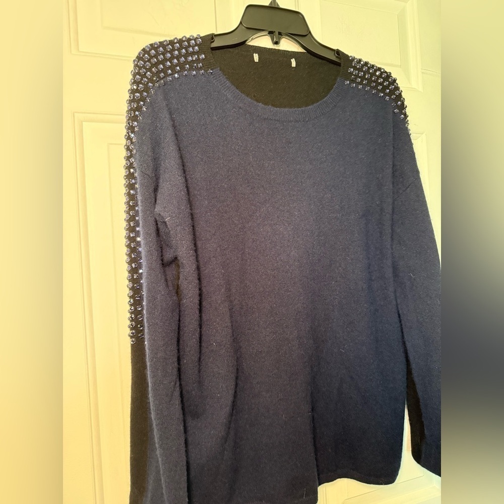 Two Tone Navy Black 100% Cashmere Sweater Purple Rhinestones Whimsy Luxury L/XL?